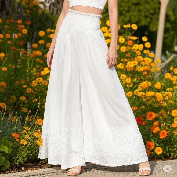Wide Leg Palazzo Pants 100% Cotton All Over Embroidered Fabric